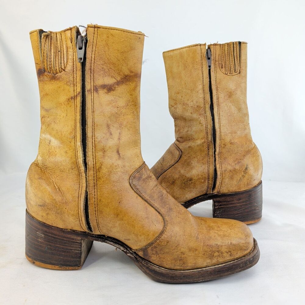 Frye Mens Campus Boots 5412 Banana Tan Leather Black Label 1970s Zip Size 9 D